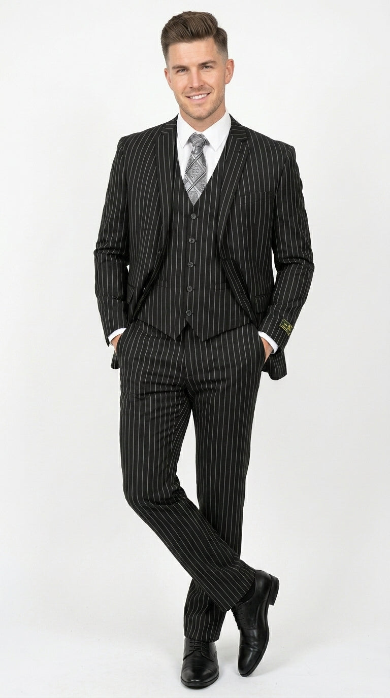 Men’s Jet Liquid Black Suit with White Pinstripes, 2 Button Vested Formal Dress Suit Modern Fit