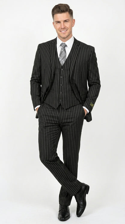 Men’s Jet Liquid Black Suit with White Pinstripes, 2 Button Vested Formal Dress Suit Modern Fit