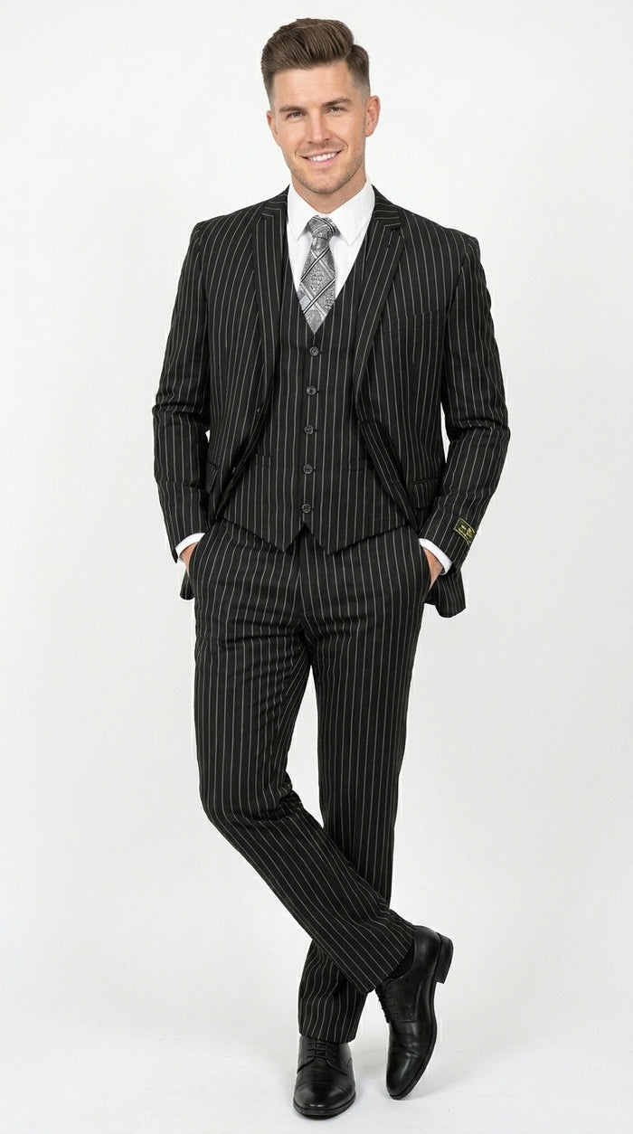 Men’s Jet Liquid Black Suit with White Pinstripes, 2 Button Vested Formal Dress Suit Modern Fit