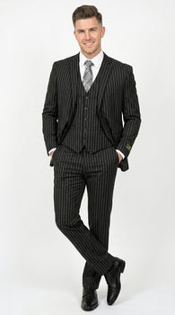 Men’s Jet Liquid Black Suit with White Pinstripes, 2 Button Vested Formal Dress Suit