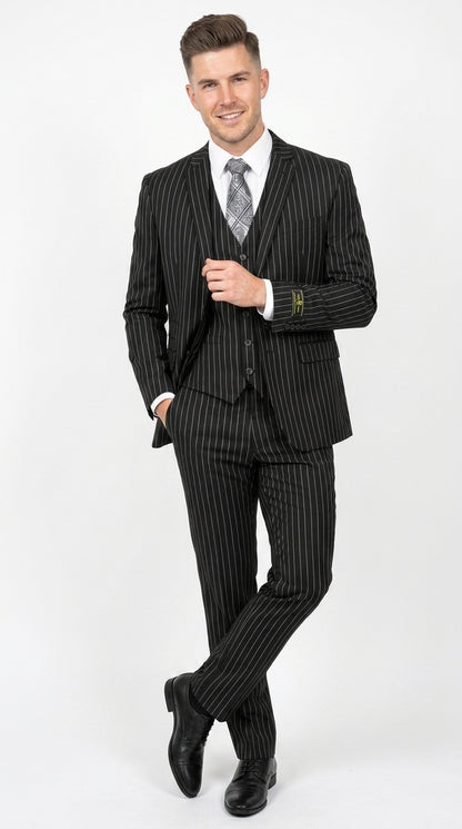 Men’s Jet Liquid Black Suit with White Pinstripes, 2 Button Vested Formal Dress Suit Modern Fit
