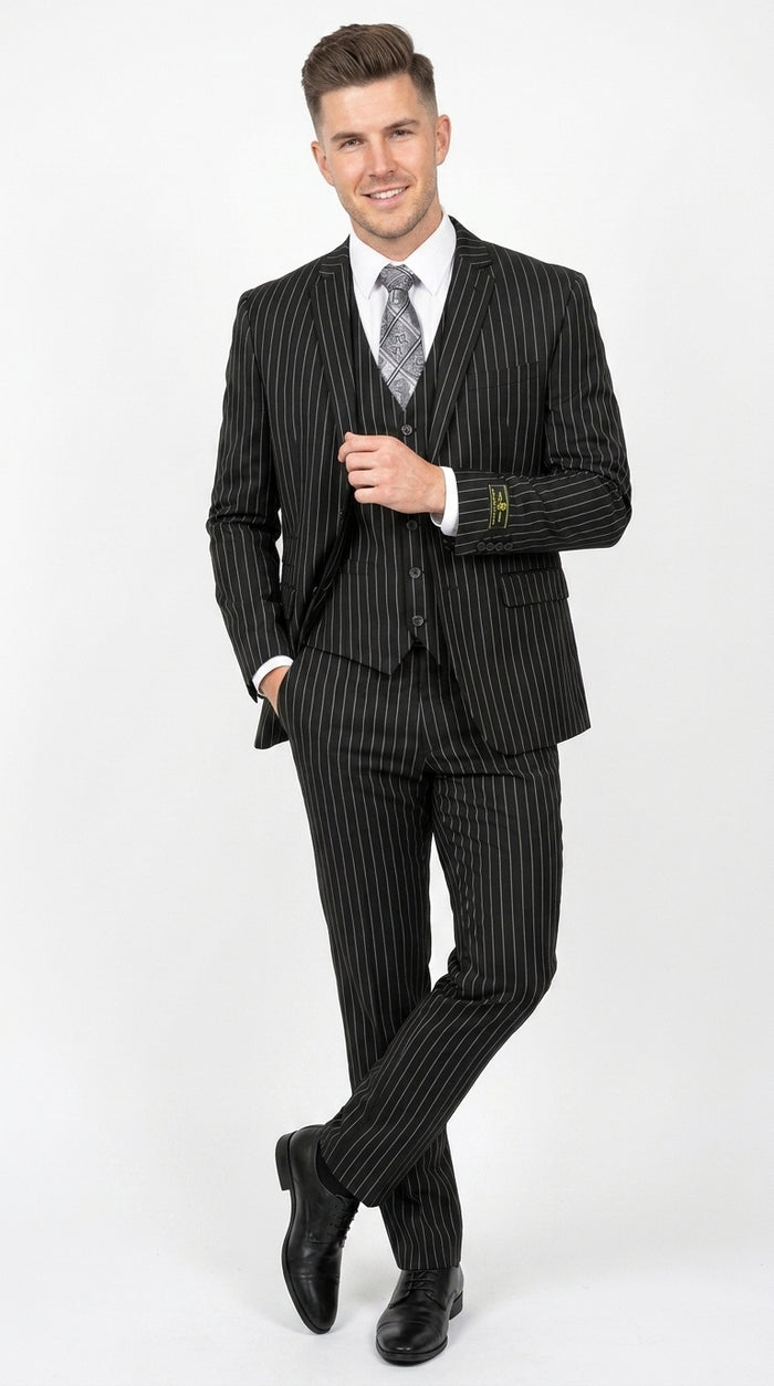Men’s Jet Liquid Black Suit with White Pinstripes, 2 Button Vested Formal Dress Suit Modern Fit