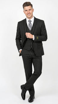 Men’s Jet Liquid Black Suit with White Pinstripes, 2 Button Vested Formal Dress Suit