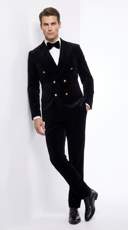 Men’s Rossi Man Zeus Black Velvet Double Breasted Tuxedo Suit, Formal Wedding Prom Dinner Suit Set
