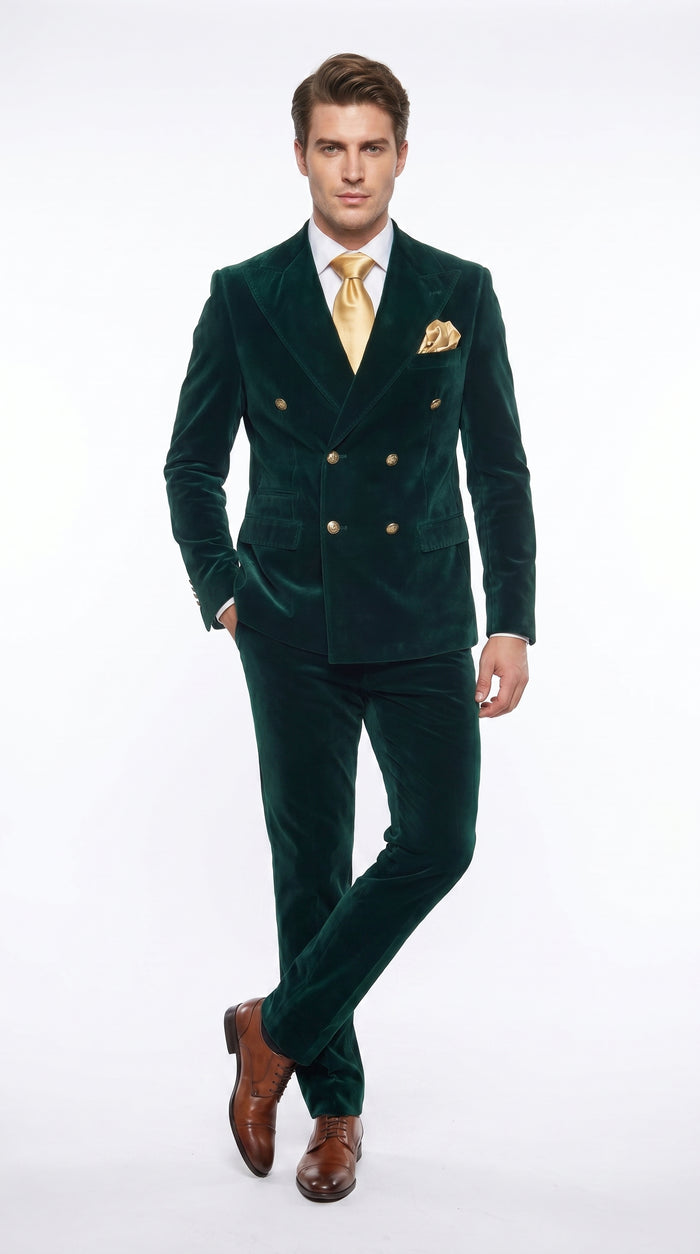 Men’s Rossi Man Zeus Emerald Green Velvet Double Breasted Tuxedo Suit, Formal Wedding Prom Dinner Suit