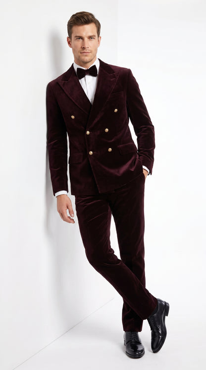 Men’s Rossi Man Zeus Dark Brown Velvet Double Breasted Tuxedo Suit, Formal Wedding Prom Dinner Suit Set