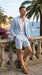 Men’s Light Blue Seersucker Suit with Shorts, Summer Mini Pinstripe Casual Dress Outfit