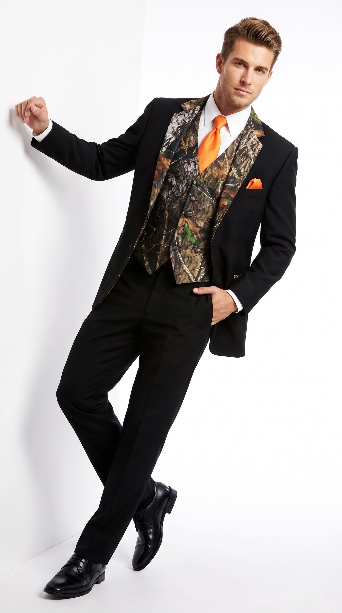 Men’s Black Camo Tuxedo Suit, Slim Fit 2 Button Wedding Prom Suit with Camouflage Vest and Lapels