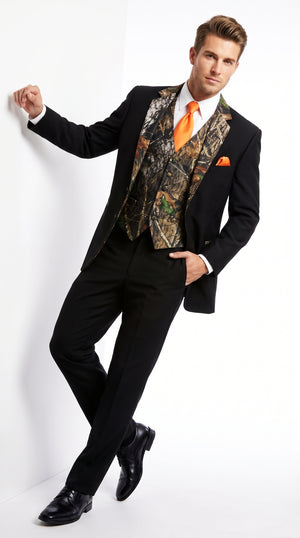 Men’s Black Camo Tuxedo Suit, Slim Fit 2 Button Wedding Prom Suit with Camouflage Vest and Lapels
