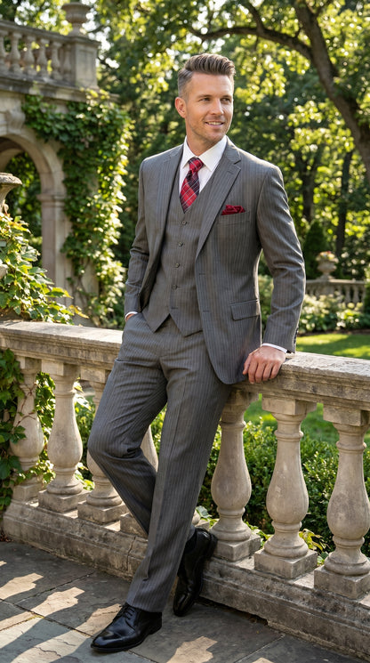 Men’s Medium Grey Classic Vested Pinstripe Suit with Jacket, Vest and Pants, Formal Dress Suit