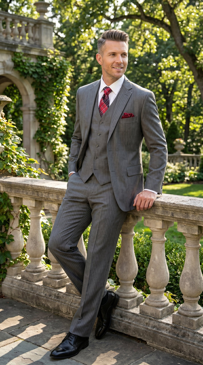 Men’s Medium Grey Classic Vested Pinstripe Suit with Jacket, Vest and Pants, Formal Dress Suit