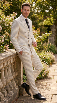 Men’s Off White Double Breasted Pinstripe Suit with Jacket and Pants, Formal Wedding Dress Suit