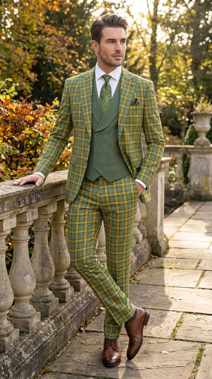 Statement - Men’s Blue and Gold Windowpane Plaid 3 Piece Wool Suit with Double Breasted Vest Modern Fit