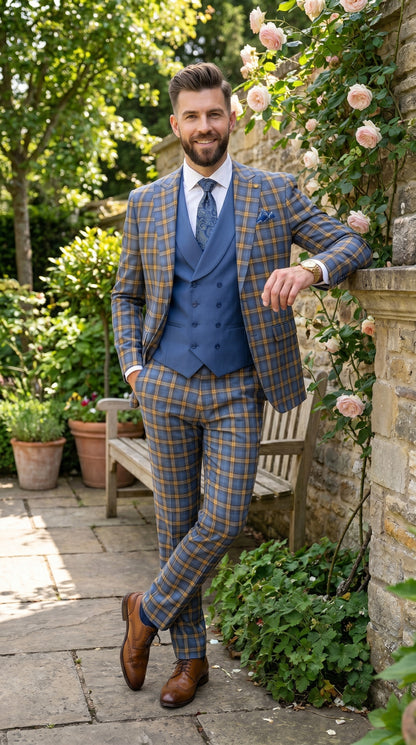 Statement - Men’s Blue and Gold Windowpane Plaid 3 Piece Wool Suit with Double Breasted Vest Modern Fit