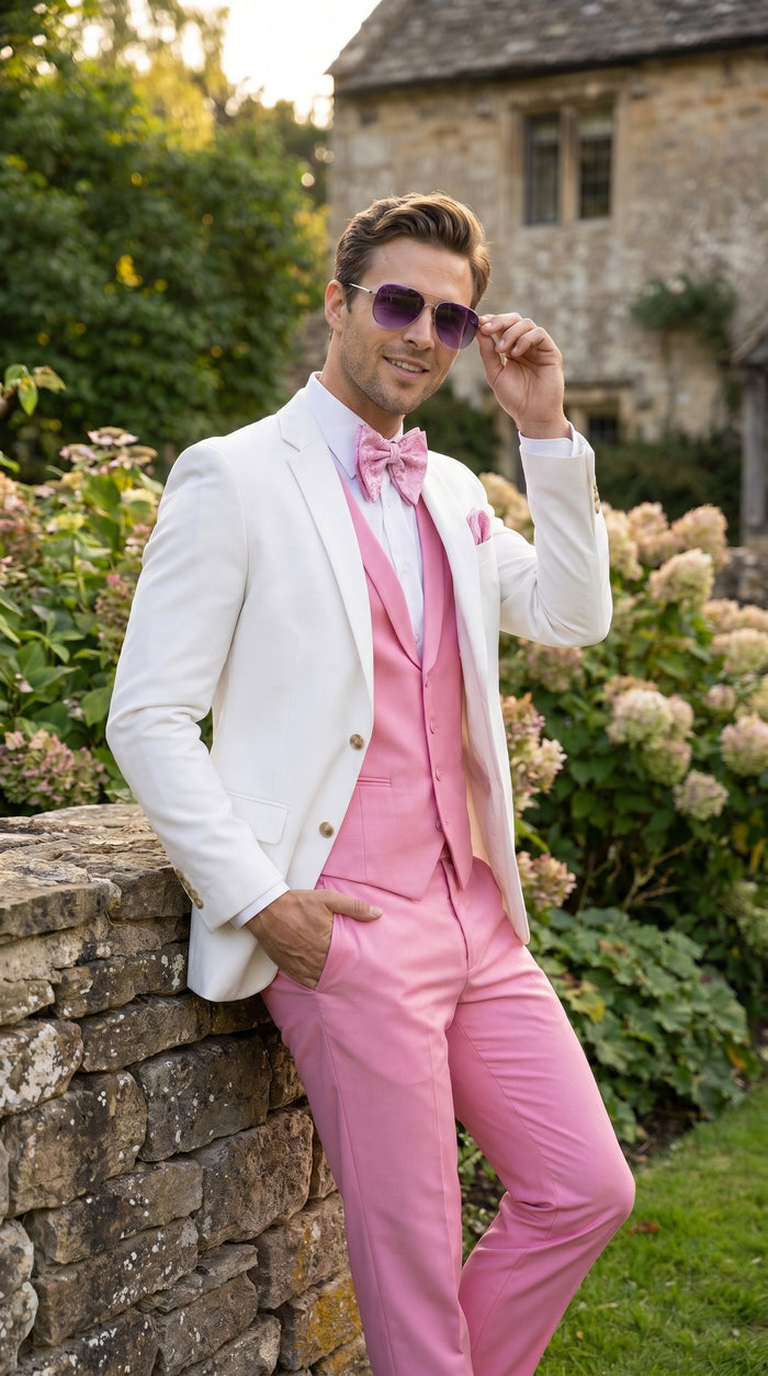 Men’s White and Light Pink Tuxedo Wedding Suit with Dinner Jacket, Vest, Pants and Bow Tie