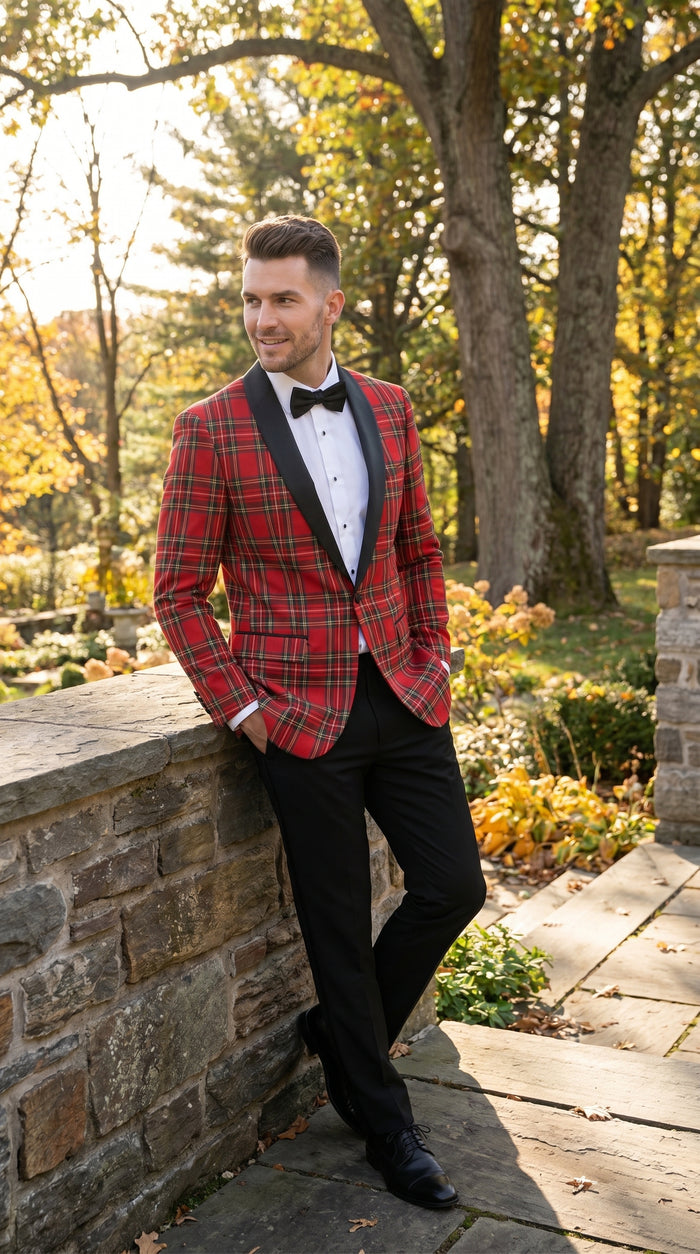 Men’s Red Tartan Plaid Tuxedo Jacket with Black Shawl Lapel, Holiday Christmas Wedding Prom Blazer