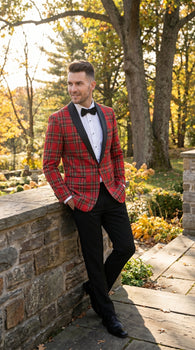 Men’s Red Tartan Plaid Tuxedo Jacket with Black Shawl Lapel, Holiday Christmas Wedding Prom Blazer