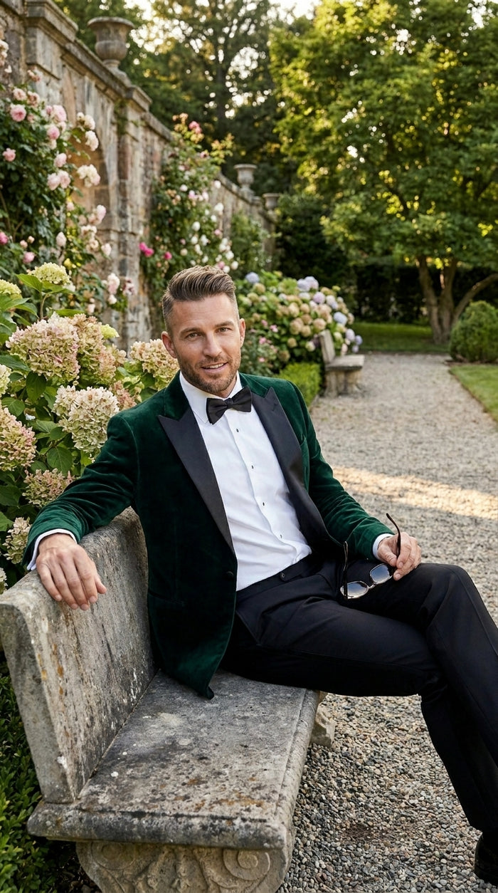 Men’s Olive Hunter Green Velvet Tuxedo Jacket with Black Satin Lapel, Formal Wedding Dinner Blazer