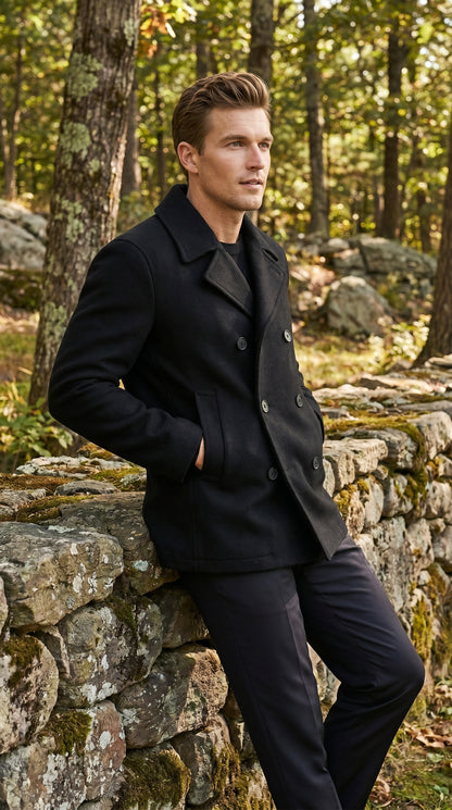 Men’s Black Big and Tall Wool Peacoat with Three Button Double Breasted Closure