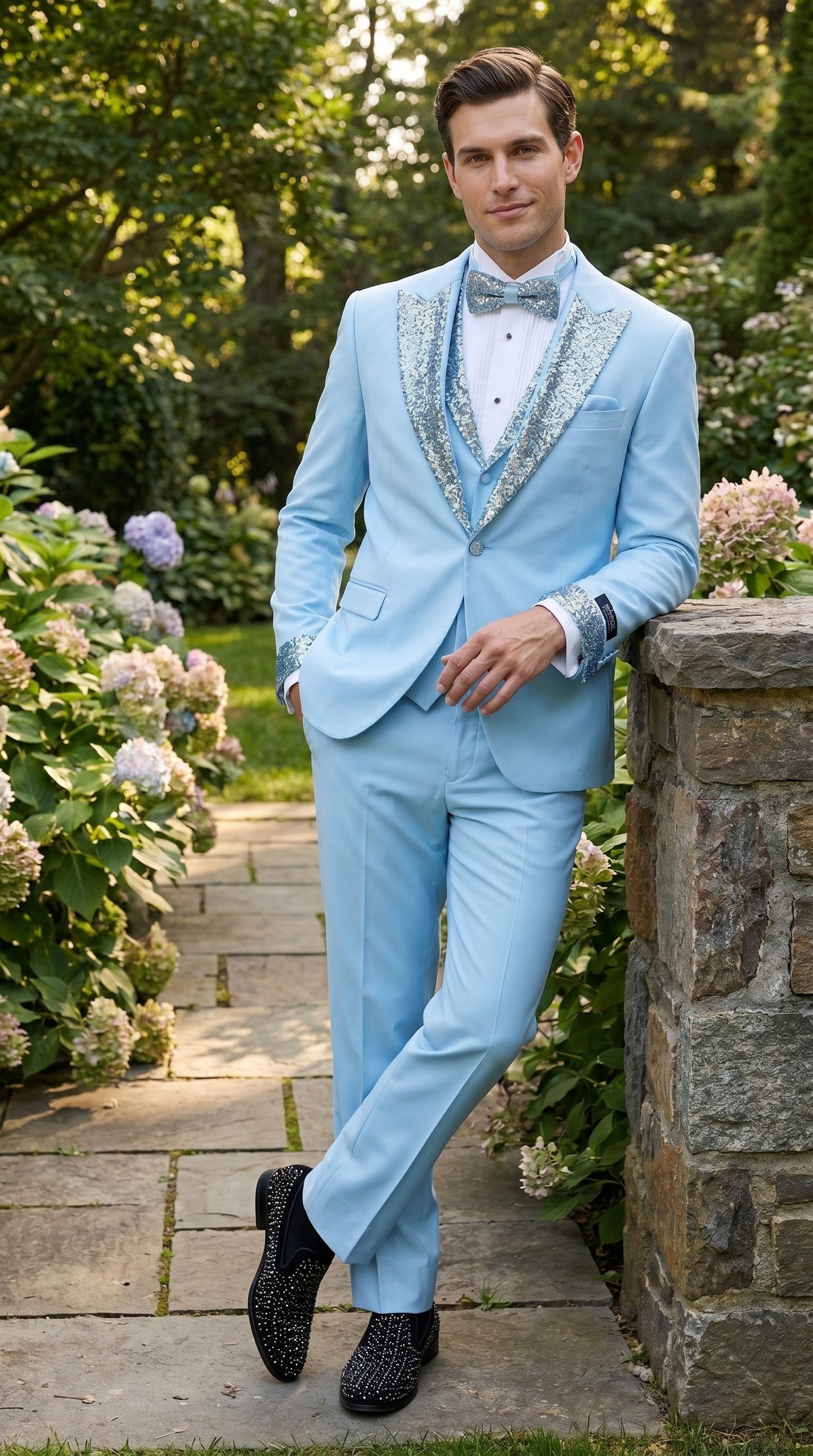 Men’s Baby Blue Prom Tuxedo with Vested Suit, Rhinestone Sequin Lapel and Matching Pants