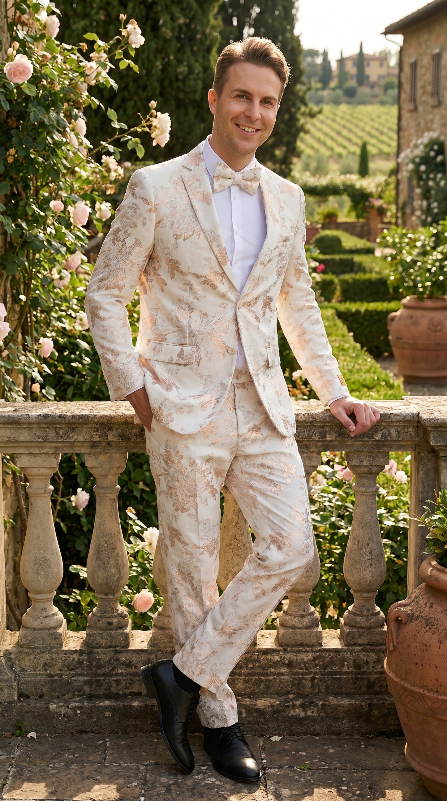 Men’s Gold and White Prom Suit with Floral Pattern Jacket, Matching Pants and Bow Tie Modern Fit