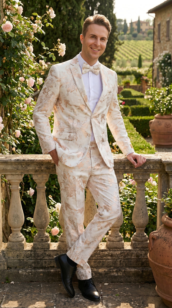 Men’s Gold and White Prom Suit with Floral Pattern Jacket, Matching Pants and Bow Tie Modern Fit
