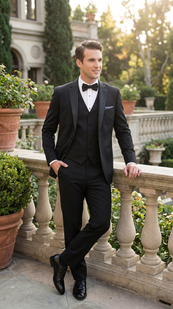 Men’s Black 2 Button Classic Vested Wedding Tuxedo with Satin Lapel and Matching Pants