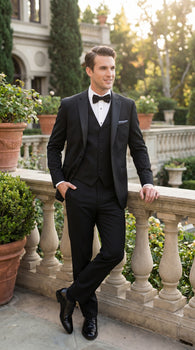 Men’s Black 2 Button Classic Vested Wedding Tuxedo with Satin Lapel and Matching Pants