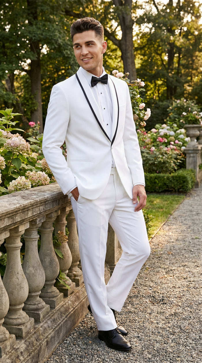 Men’s Waverly White 1 Button Shawl Tuxedo Jacket with Black Trim, Ike Evening Formal Blazer