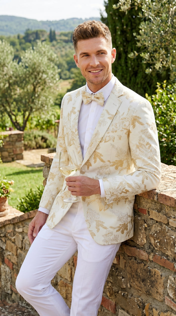 Men’s Off White and Gold Floral Paisley Tuxedo Blazer, Big and Tall Sparkling Formal Sport Coat