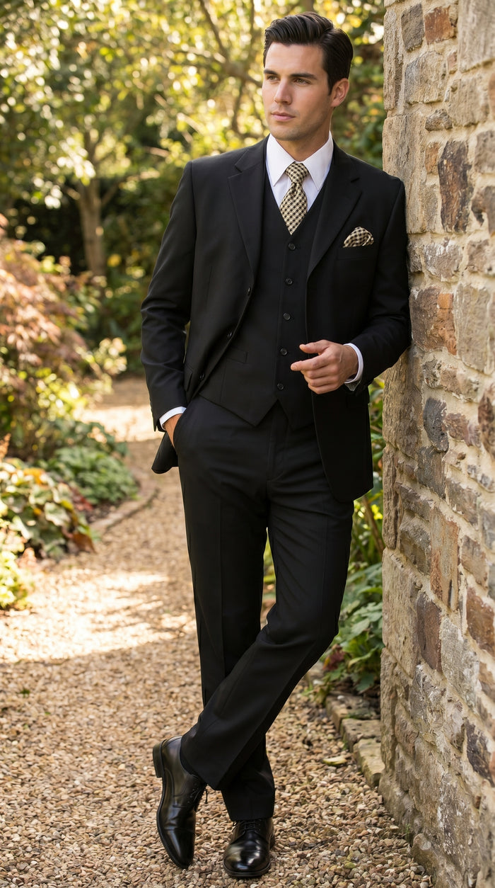 Men’s Black Three Button Poplin Suit with Classic Jacket and Pleated Pants, Formal Dress Suit
