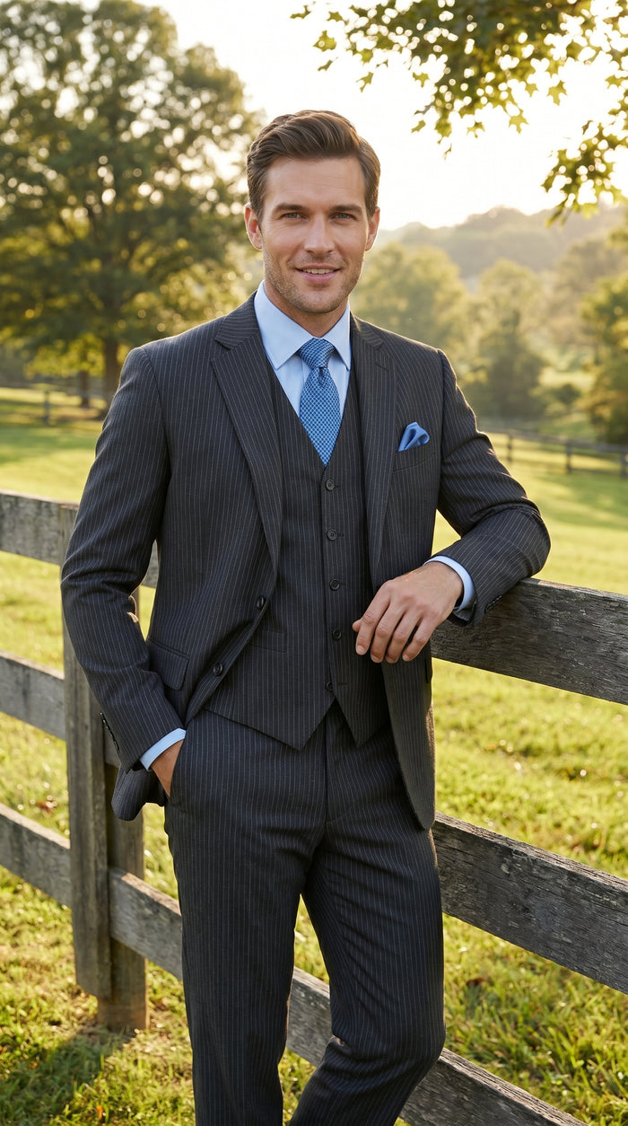 Men’s Charcoal Gray Pinstripe 3 Piece Vested Suit with 2 or 3 Button Jacket, Formal Dress Suit