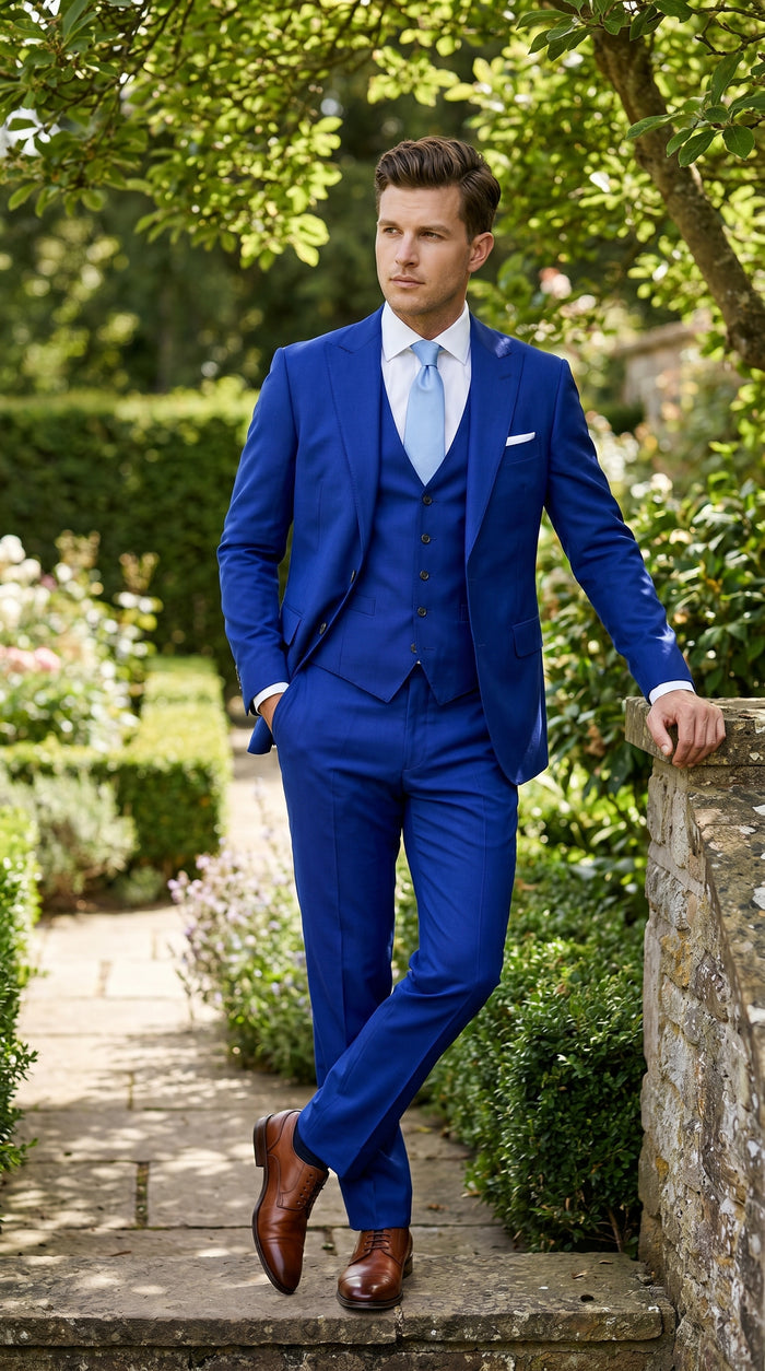 Men’s Electric Royal Blue Suit with Two Flap Front Pockets, Formal Wedding Prom Dress Suit