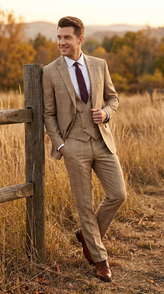 Men’s Camel Plaid Windowpane Vested Suit with 2 Button Jacket, Peak Lapel and Matching Pants Modern Fit