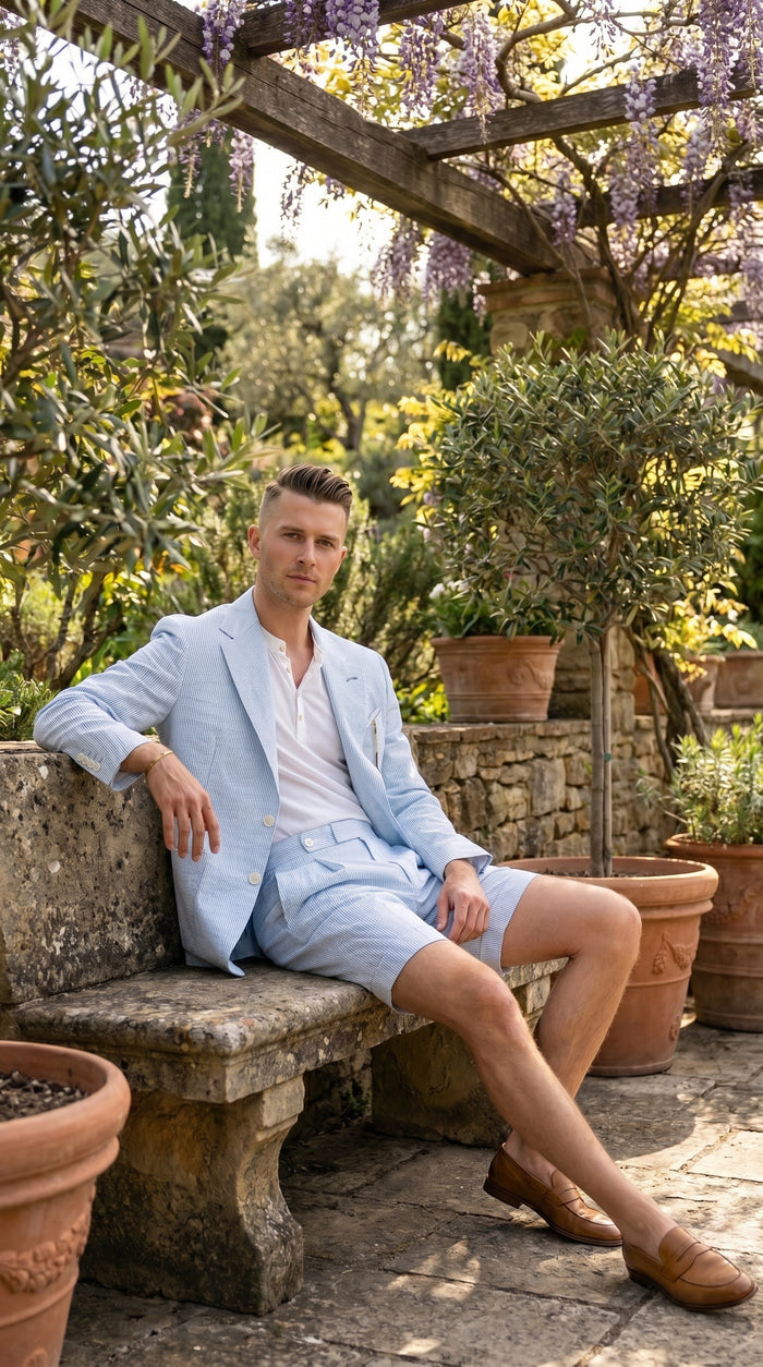 Men’s Light Blue Seersucker Suit with Shorts, Summer Mini Pinstripe Casual Dress Outfit Modern Fit
