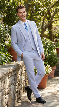 Men’s Light Blue Seersucker Suit with Jacket, Vest and Pants, High Quality Summer Dress Suit