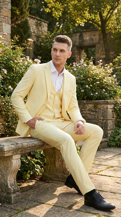 Men’s Yellow Seersucker Suit with Jacket, Vest and Pants, Summer Wedding Prom Dress Suit Modern Fit