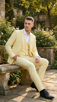 Men’s Yellow Seersucker Suit with Jacket, Vest and Pants, Summer Wedding Prom Dress Suit