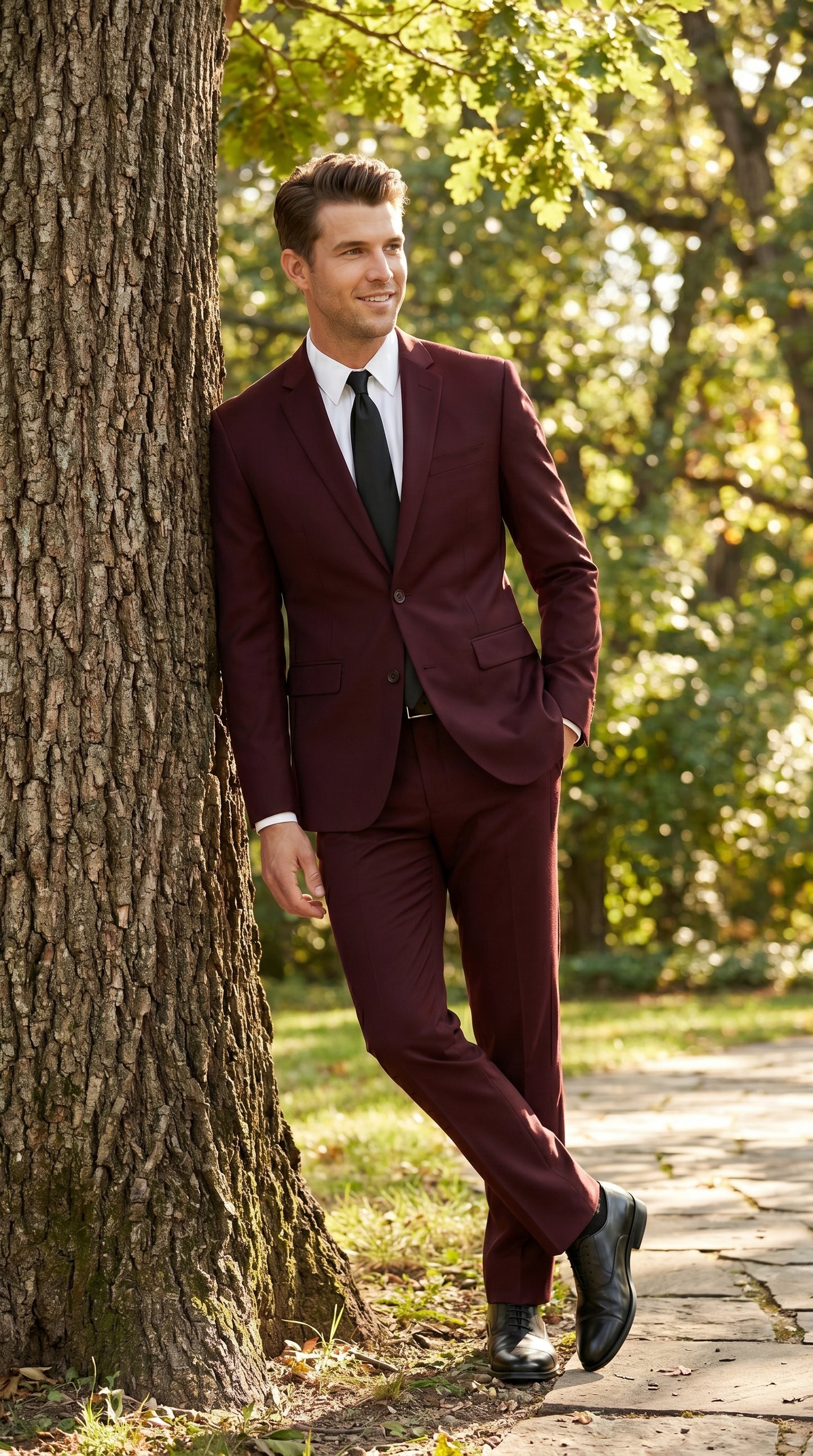 Men’s Burgundy Maroon Wine Suit with 2 Button Jacket and Matching Pants, Formal Wedding Dress Suit
