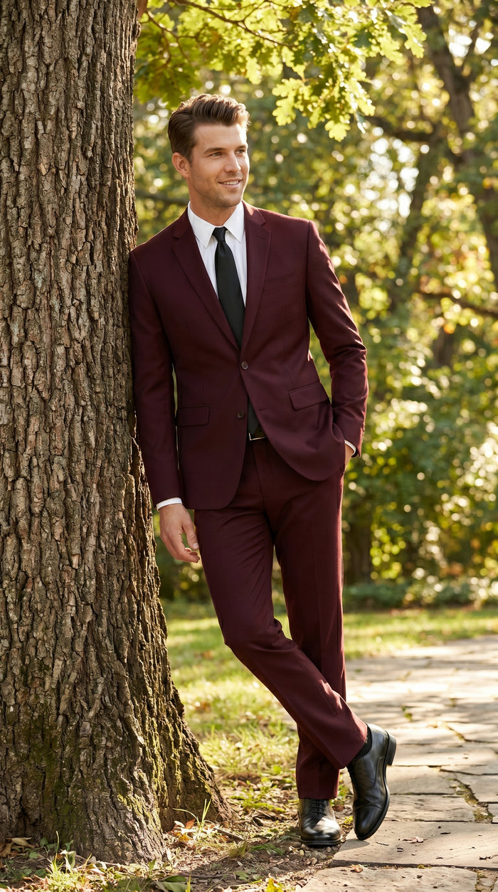 Men’s Burgundy Maroon Wine Suit with 2 Button Jacket and Matching Pants, Formal Wedding Dress Suit