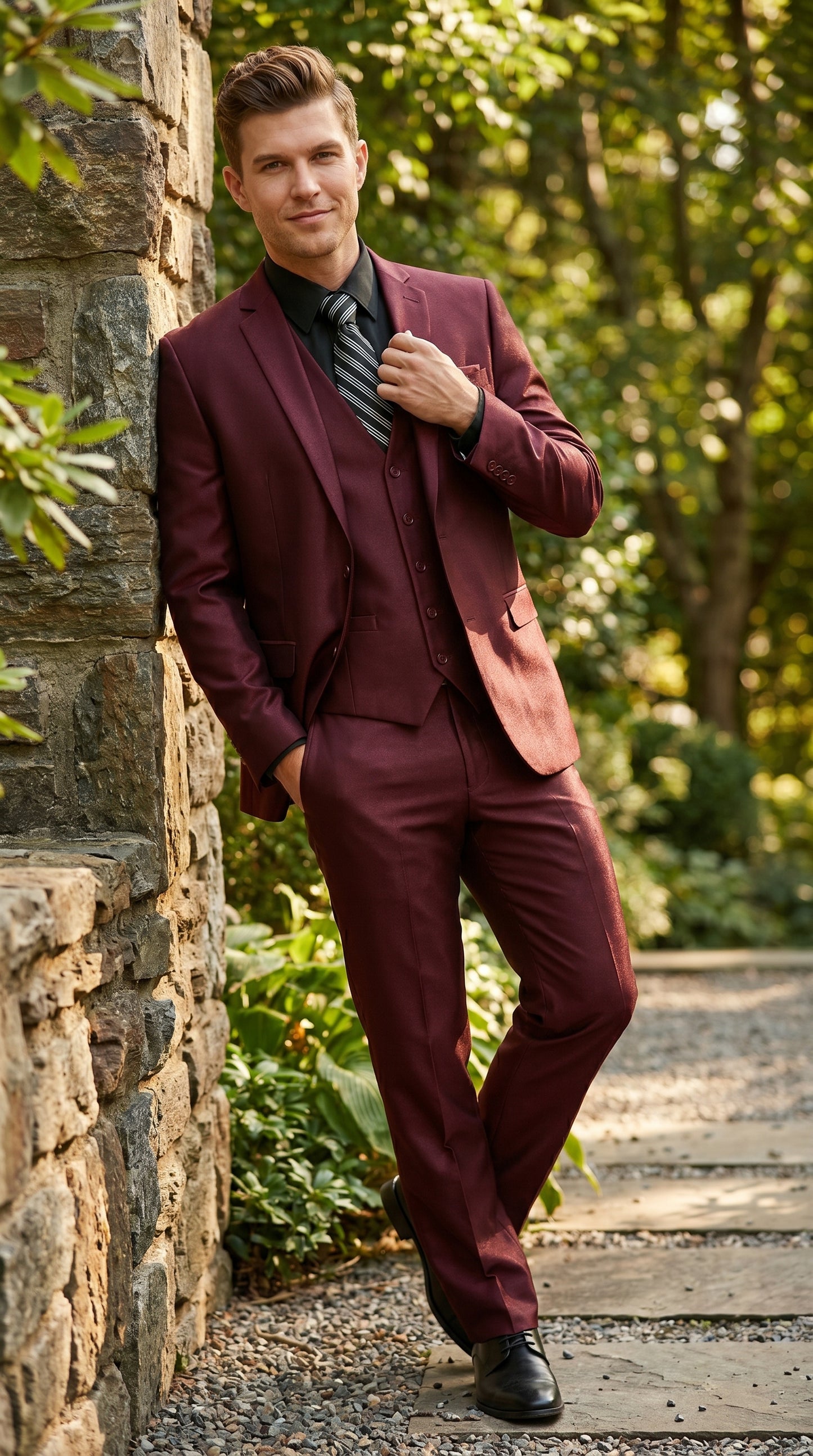 Men’s Burgundy Wine Maroon Sharkskin Vested Suit with Jacket, Vest and Pants