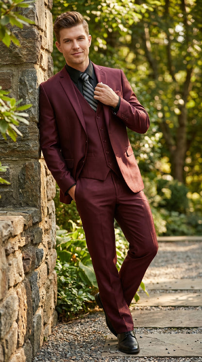 Men’s Burgundy Wine Maroon Sharkskin Vested Suit with Jacket, Vest and Pants