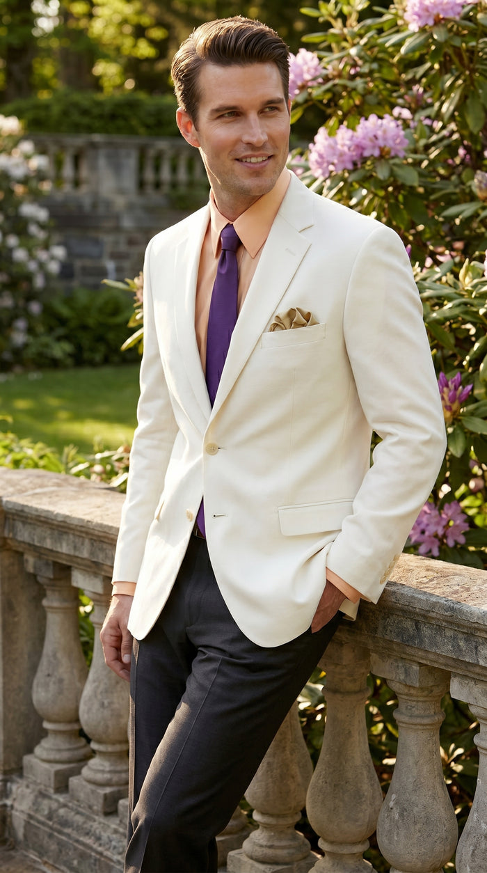 Men’s Ivory Cream Blazer with 2 Button Front, Off White Dress Casual Sport Coat