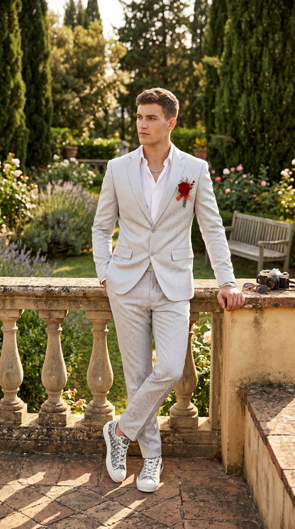 Men’s Silver Grey Shiny Paisley Graduation Suit, Formal Prom Wedding Dress Suit Modern Fit