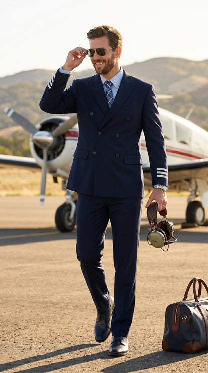 Men’s Dark Navy Blue Double Breasted 6 Button Suit, Classic Formal Wedding Business Suit