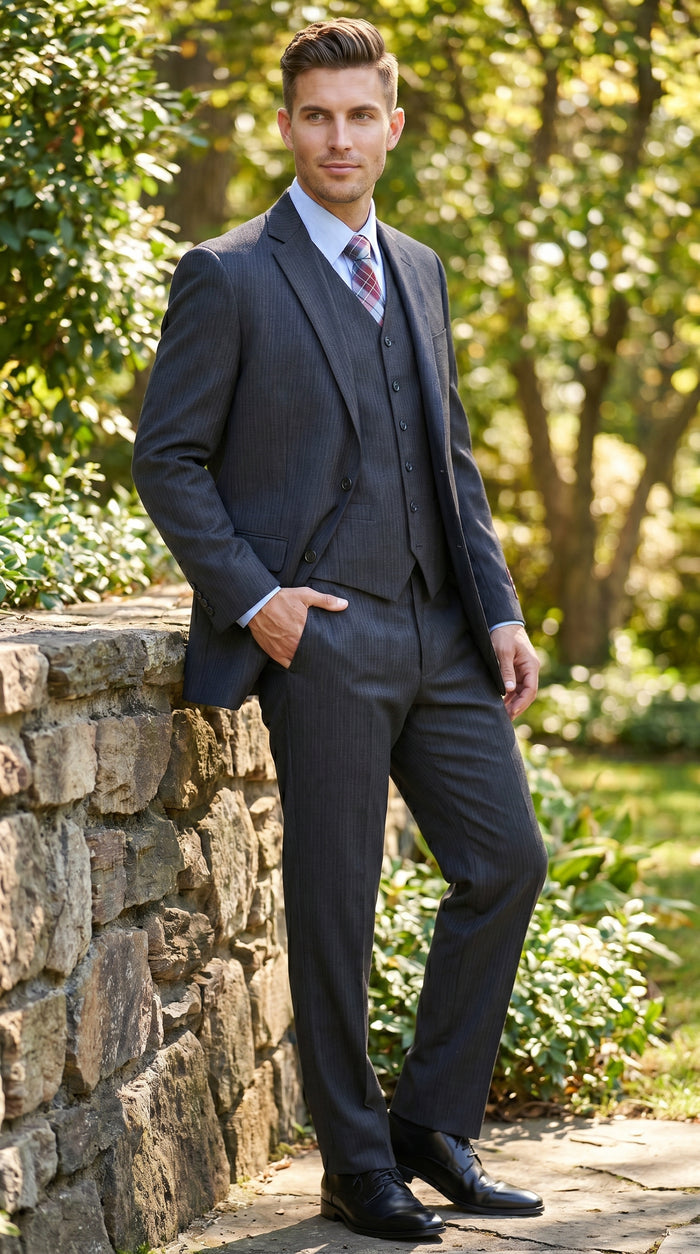 Men’s Charcoal Grey 2 Button Vested Business Suit, Formal Wedding Dress Suit