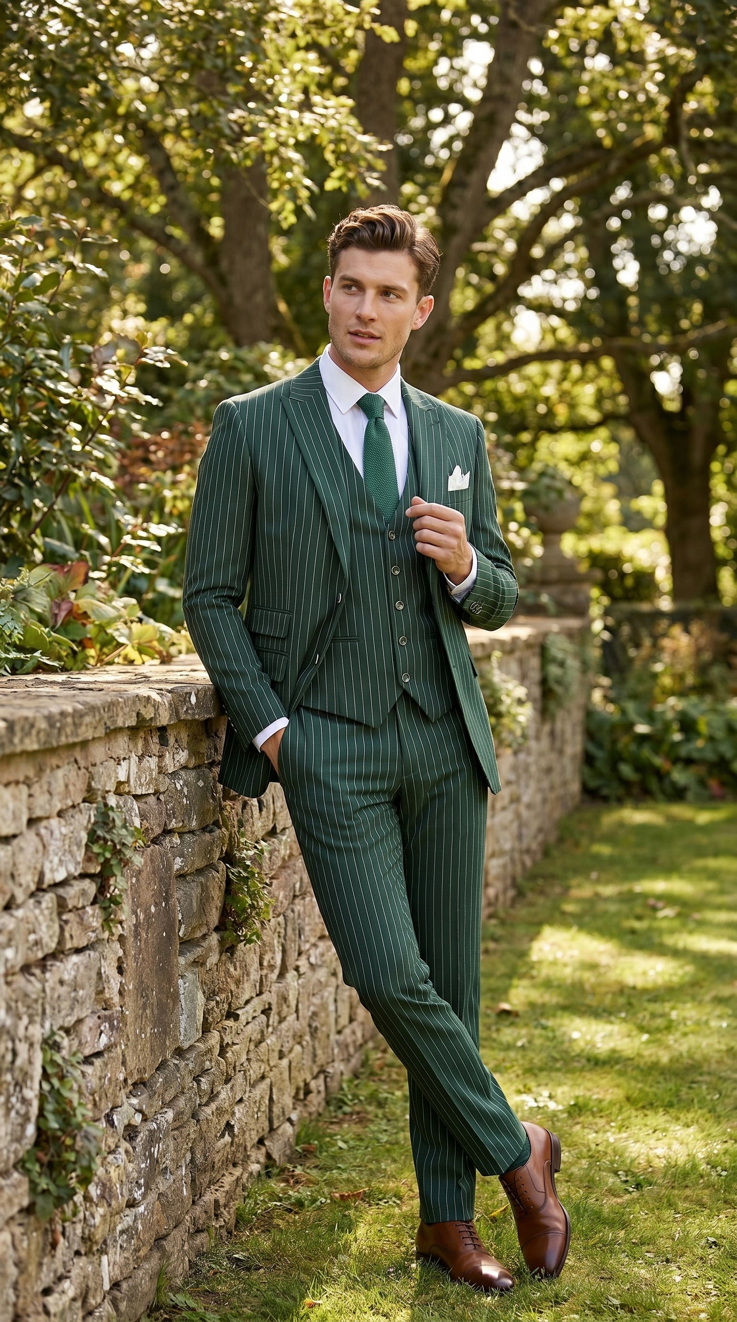 Men’s Hunter Green Great Gatsby Pinstripe 3 Piece Suit, 1920s Gangster Outfit