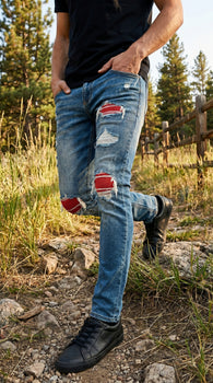 Men’s PX Indigo Denim Jeans with Quilted Red Patches, Distressed Slim Fit Fashion Jeans