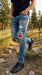 Men’s PX Indigo Denim Jeans with Quilted Red Patches, Distressed Slim Fit Fashion Jeans