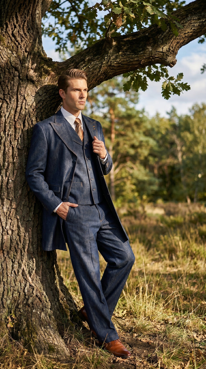 Men’s Blue Denim Zoot Suit with Long Jacket and Vest, Vintage Jeans Style Formal Outfit